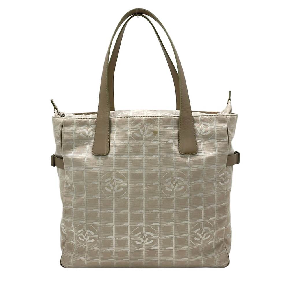 Chanel New Travel Line Tote GM Tote Bag Beige White Nylon Jacquard Leather